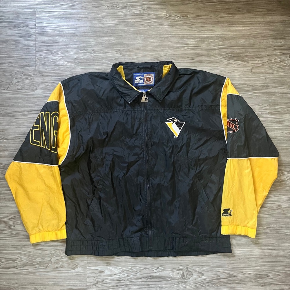 Vintage Starter NHL Pittsburgh Penguins Windbreaker Jacket Black Yellow Mens XL